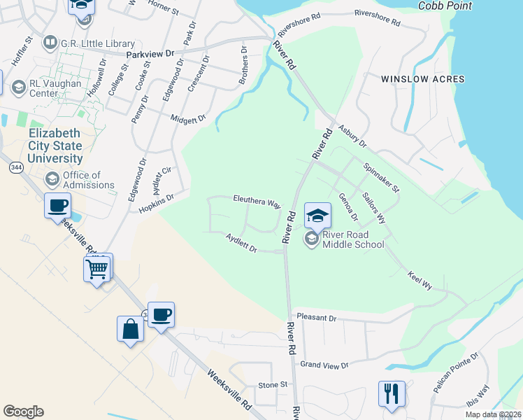 map of restaurants, bars, coffee shops, grocery stores, and more near 2167 Eleuthera Way in Elizabeth City
