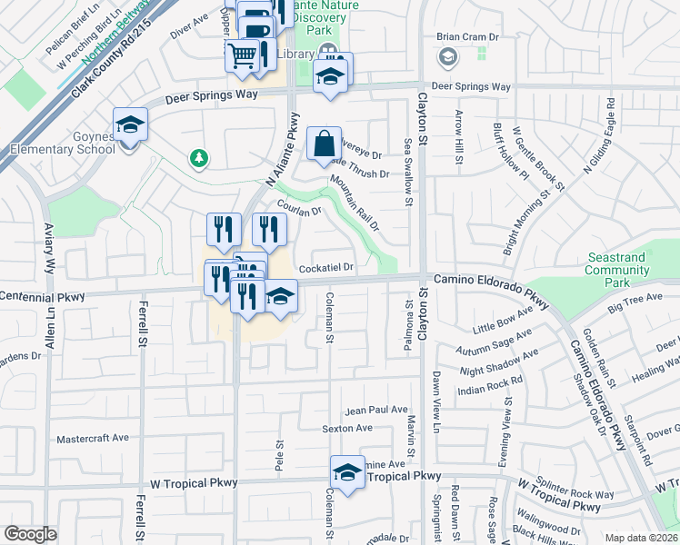 map of restaurants, bars, coffee shops, grocery stores, and more near 2321 Cockatiel Drive in North Las Vegas