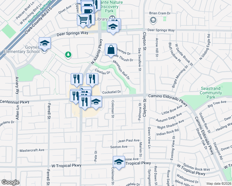 map of restaurants, bars, coffee shops, grocery stores, and more near 2308 Cockatiel Drive in North Las Vegas