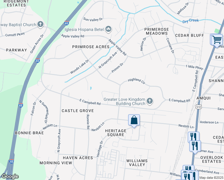 map of restaurants, bars, coffee shops, grocery stores, and more near 405 Hamblen Drive in Nashville