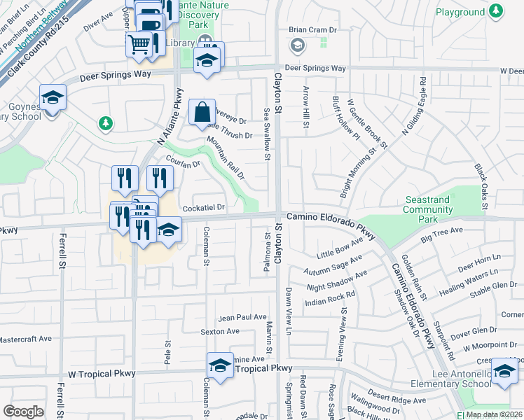 map of restaurants, bars, coffee shops, grocery stores, and more near 6405 Sea Swallow Street in North Las Vegas