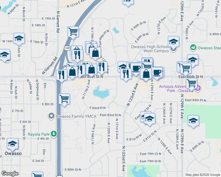map of restaurants, bars, coffee shops, grocery stores, and more near 12006 East 85th Place North in Owasso