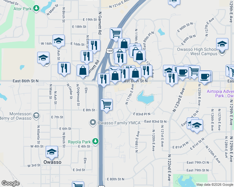 map of restaurants, bars, coffee shops, grocery stores, and more near 11601 East 84th Court North in Owasso