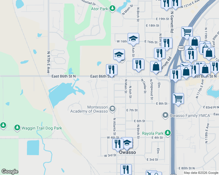 map of restaurants, bars, coffee shops, grocery stores, and more near 8517 North 102nd East Avenue in Owasso