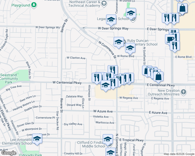 map of restaurants, bars, coffee shops, grocery stores, and more near 6416 North Setting Moon Street in North Las Vegas