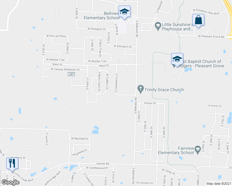 map of restaurants, bars, coffee shops, grocery stores, and more near 5727 South Chanberry Lane in Rogers