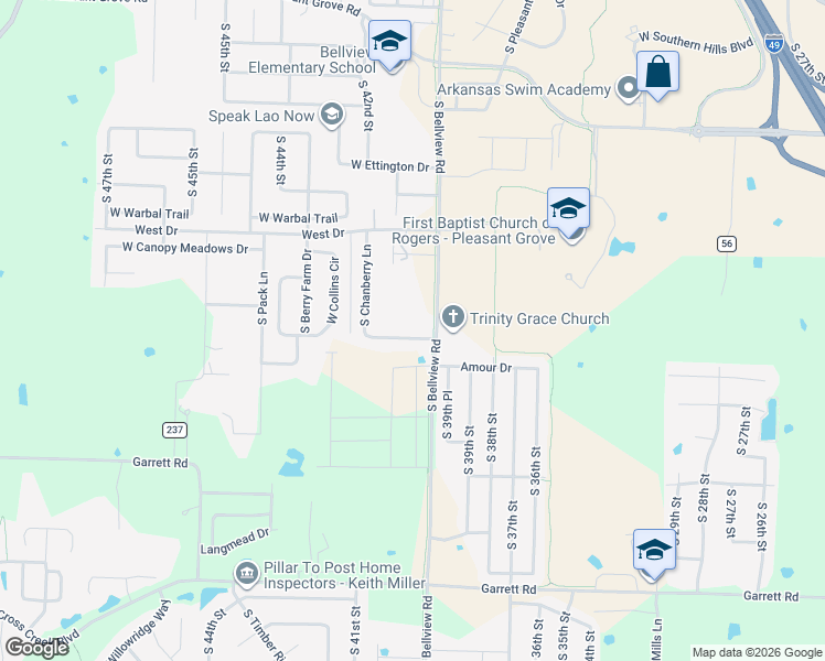 map of restaurants, bars, coffee shops, grocery stores, and more near 5745 South Chanberry Lane in Rogers