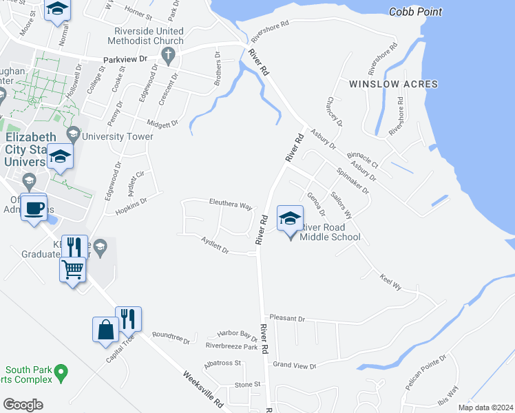 map of restaurants, bars, coffee shops, grocery stores, and more near Inagua Court in Elizabeth City