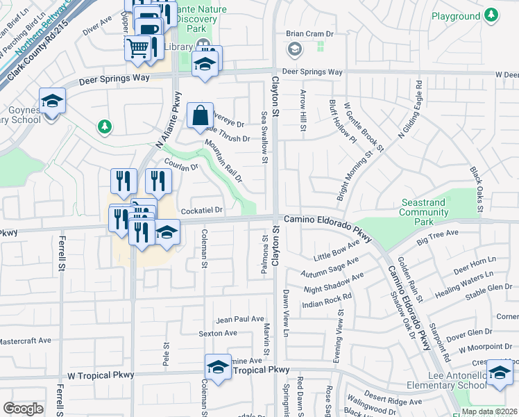 map of restaurants, bars, coffee shops, grocery stores, and more near 6409 Sea Swallow Street in North Las Vegas