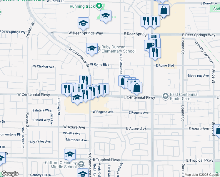 map of restaurants, bars, coffee shops, grocery stores, and more near 6432 Raven Hall Street in North Las Vegas