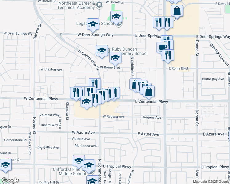 map of restaurants, bars, coffee shops, grocery stores, and more near 6441 Raven Hall Street in North Las Vegas