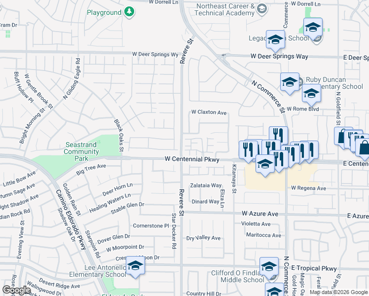 map of restaurants, bars, coffee shops, grocery stores, and more near 6412 Towerstone Street in North Las Vegas