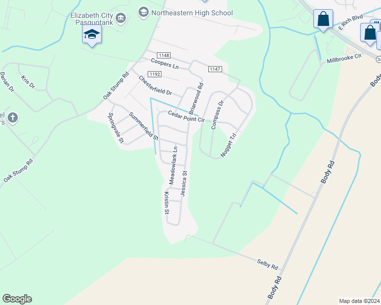 map of restaurants, bars, coffee shops, grocery stores, and more near 1002 Jessica Street in Elizabeth City