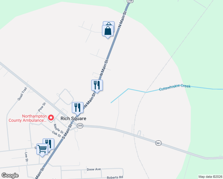 map of restaurants, bars, coffee shops, grocery stores, and more near 310 North Main Street in Rich Square