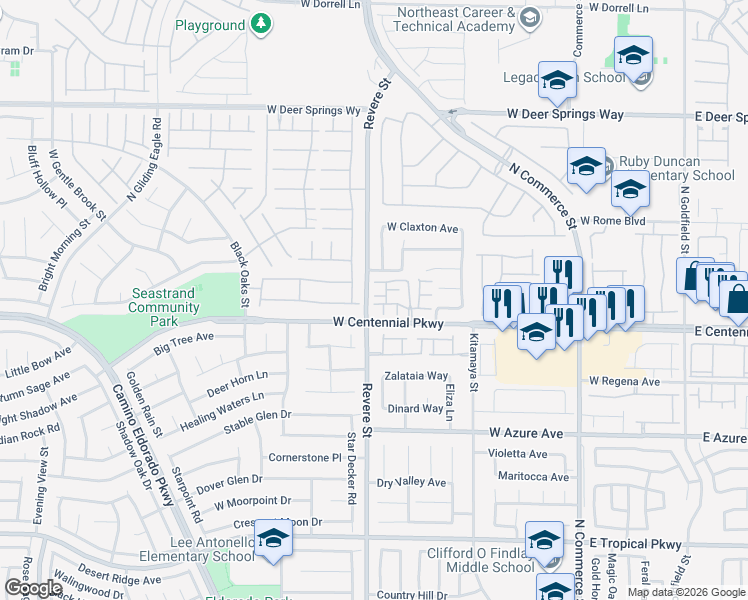 map of restaurants, bars, coffee shops, grocery stores, and more near 6412 Towerstone Street in North Las Vegas