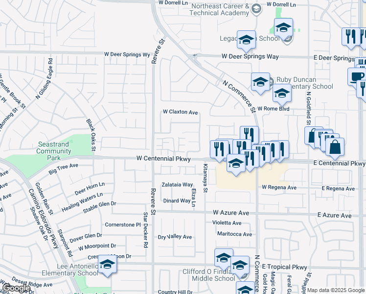map of restaurants, bars, coffee shops, grocery stores, and more near 611 White Shark Court in North Las Vegas