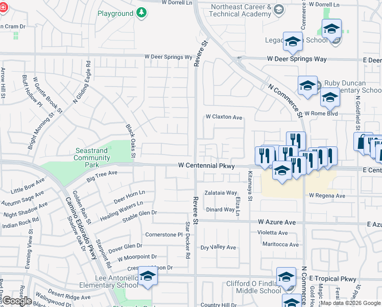 map of restaurants, bars, coffee shops, grocery stores, and more near 6412 Towerstone Street in North Las Vegas