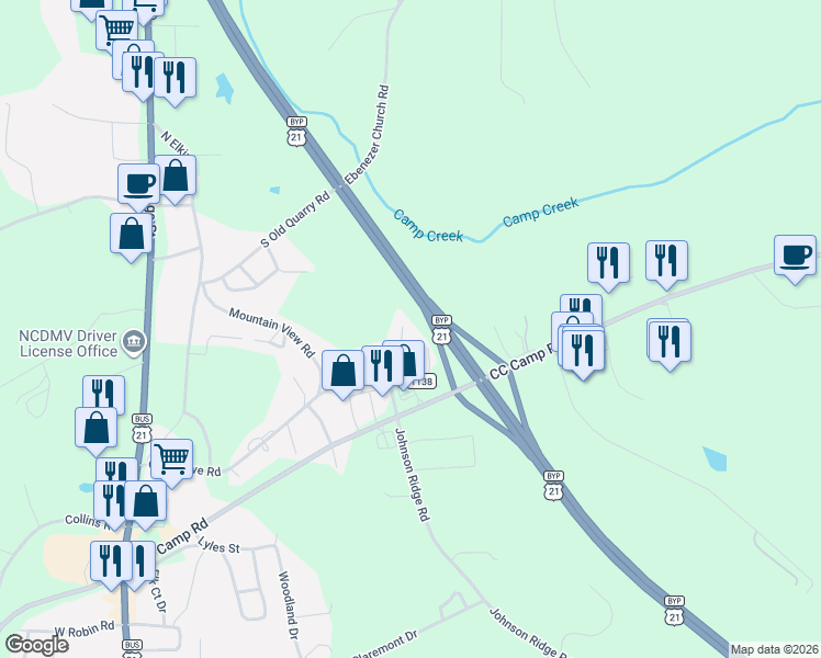 map of restaurants, bars, coffee shops, grocery stores, and more near 150 Kennedy Road in Elkin