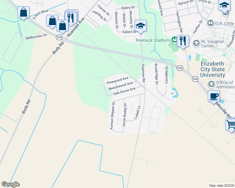 map of restaurants, bars, coffee shops, grocery stores, and more near 217 Oak Grove Avenue in Elizabeth City