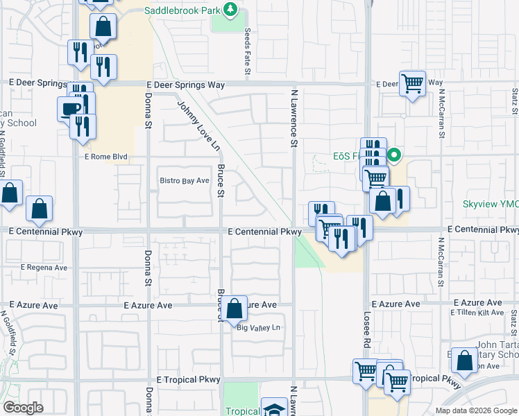 map of restaurants, bars, coffee shops, grocery stores, and more near 6433 Amanda Michelle Lane in North Las Vegas