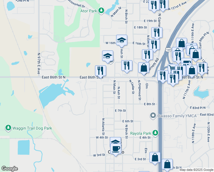 map of restaurants, bars, coffee shops, grocery stores, and more near 110 West 11th Street in Owasso