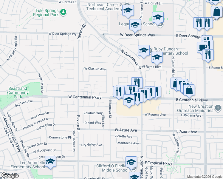 map of restaurants, bars, coffee shops, grocery stores, and more near 6424 North Point Break Street in North Las Vegas