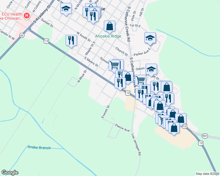 map of restaurants, bars, coffee shops, grocery stores, and more near 720 East Memorial Drive in Ahoskie