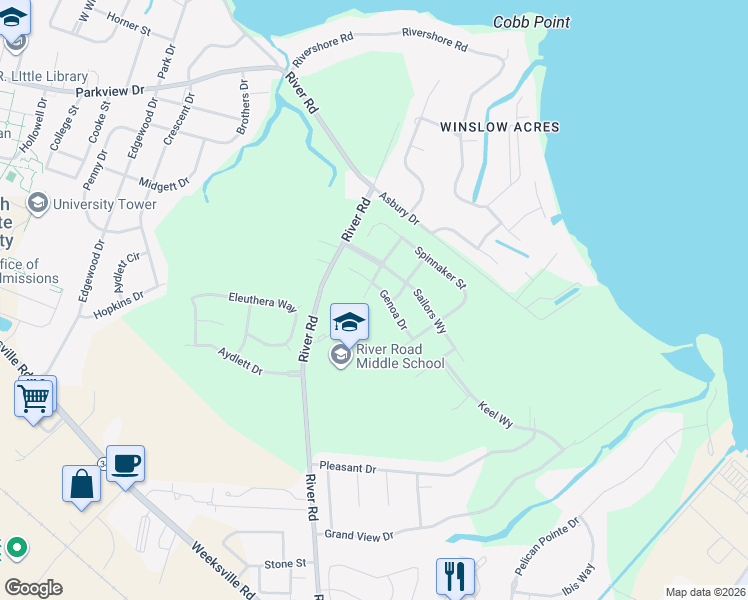 map of restaurants, bars, coffee shops, grocery stores, and more near 302 Mizzen Way in Elizabeth City