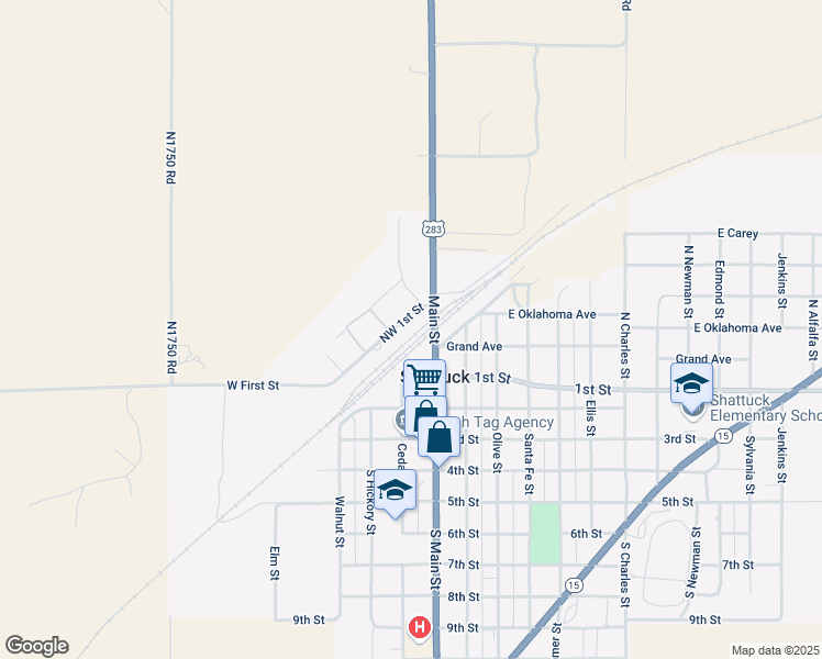 map of restaurants, bars, coffee shops, grocery stores, and more near 219 Northwest 1st Street in Shattuck