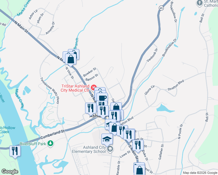 map of restaurants, bars, coffee shops, grocery stores, and more near 91 Valley View Street in Ashland City