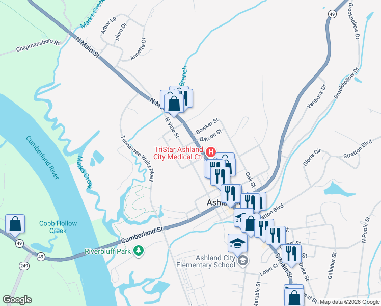 map of restaurants, bars, coffee shops, grocery stores, and more near 117 North Vine Street in Ashland City