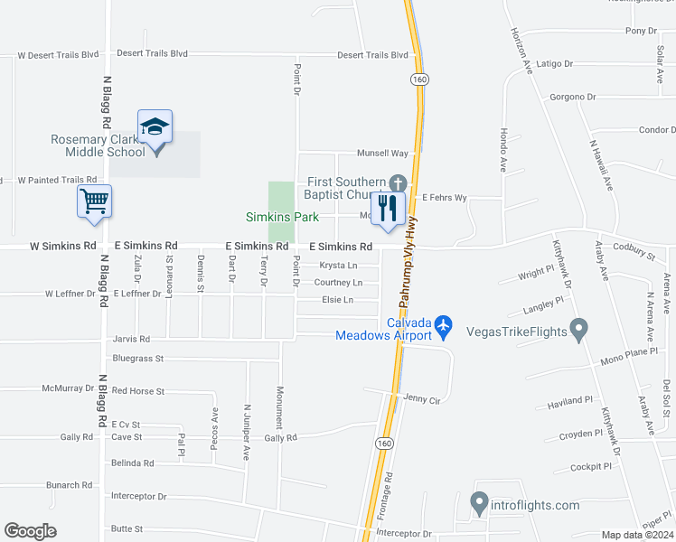 map of restaurants, bars, coffee shops, grocery stores, and more near 597 Krysta Lane in Pahrump