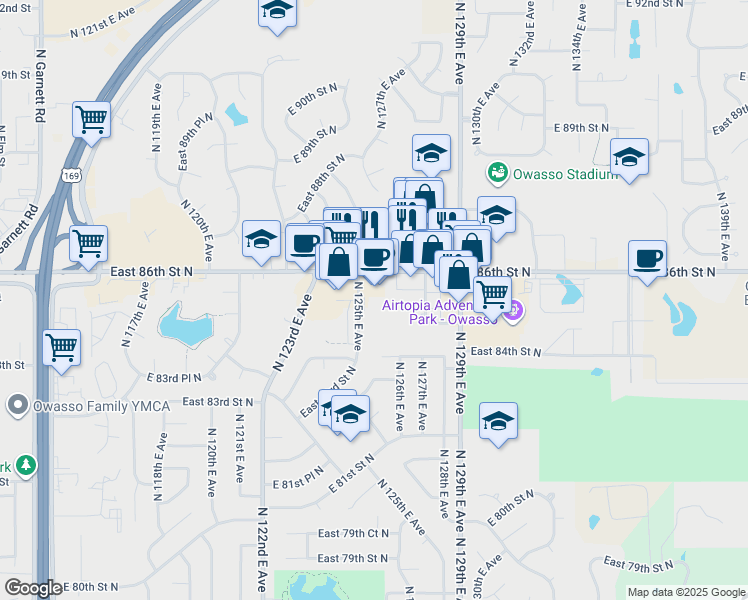 map of restaurants, bars, coffee shops, grocery stores, and more near 8551 North 125th East Avenue in Owasso