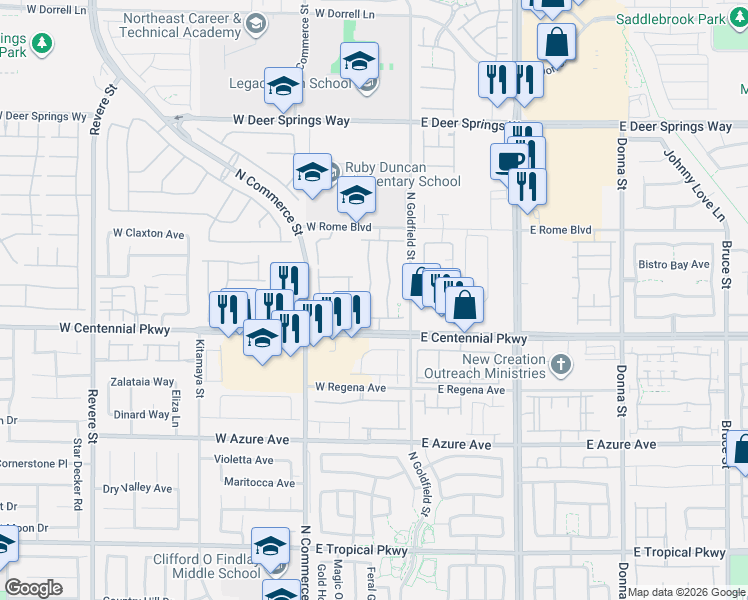map of restaurants, bars, coffee shops, grocery stores, and more near 6441 Raven Hall Street in North Las Vegas