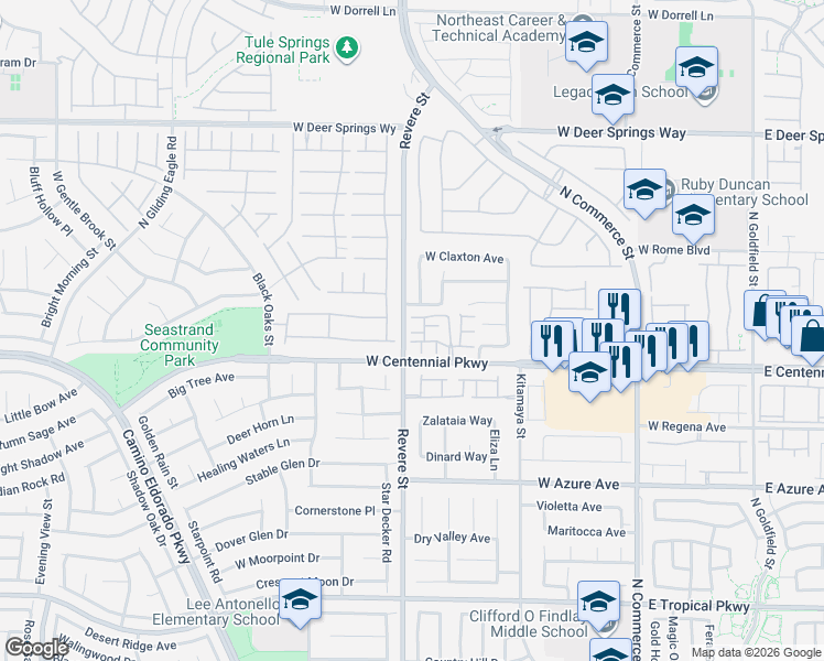 map of restaurants, bars, coffee shops, grocery stores, and more near 6412 Towerstone Street in North Las Vegas