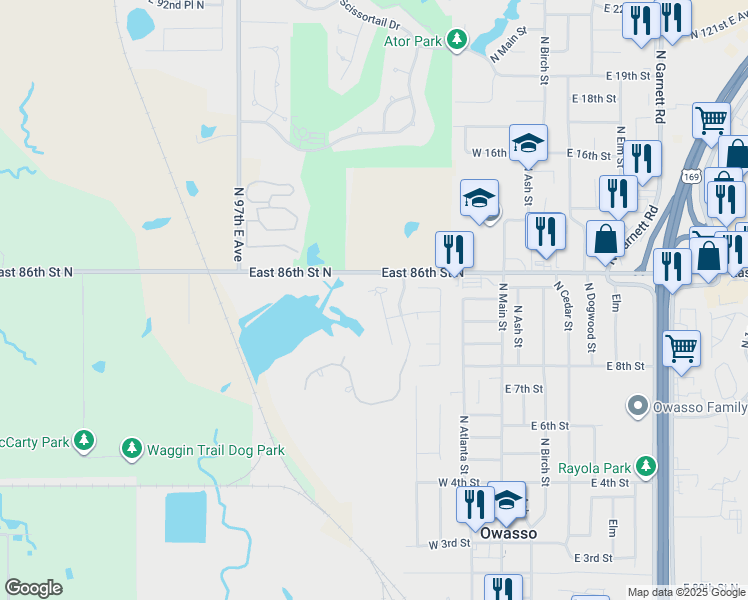 map of restaurants, bars, coffee shops, grocery stores, and more near 8506 North 100th East Avenue in Owasso