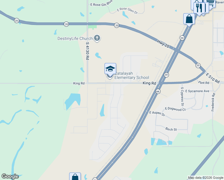 map of restaurants, bars, coffee shops, grocery stores, and more near 23062 South Jewell Drive in Claremore