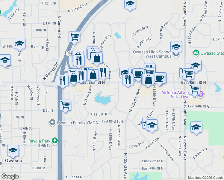 map of restaurants, bars, coffee shops, grocery stores, and more near 12006 East 85th Place North in Owasso