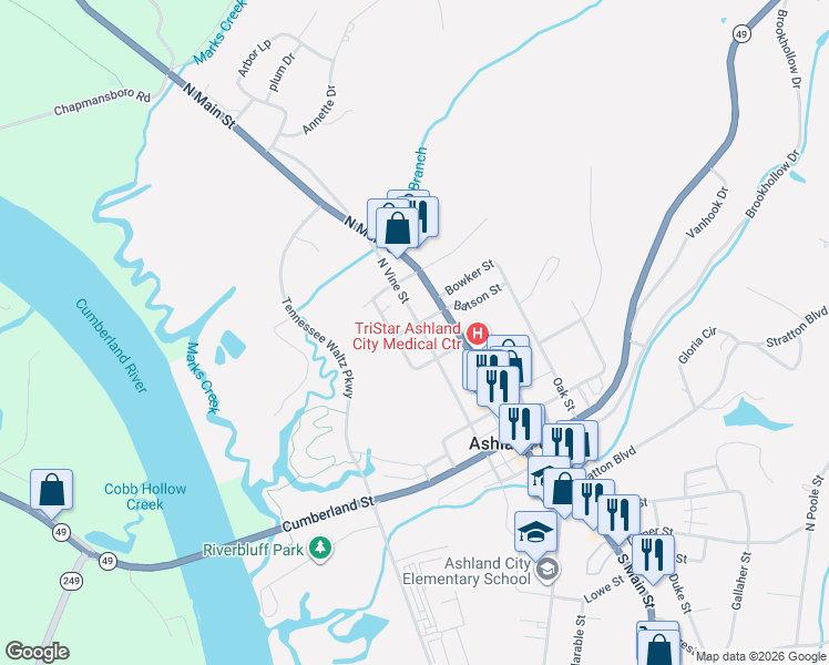 map of restaurants, bars, coffee shops, grocery stores, and more near 117 North Vine Street in Ashland City