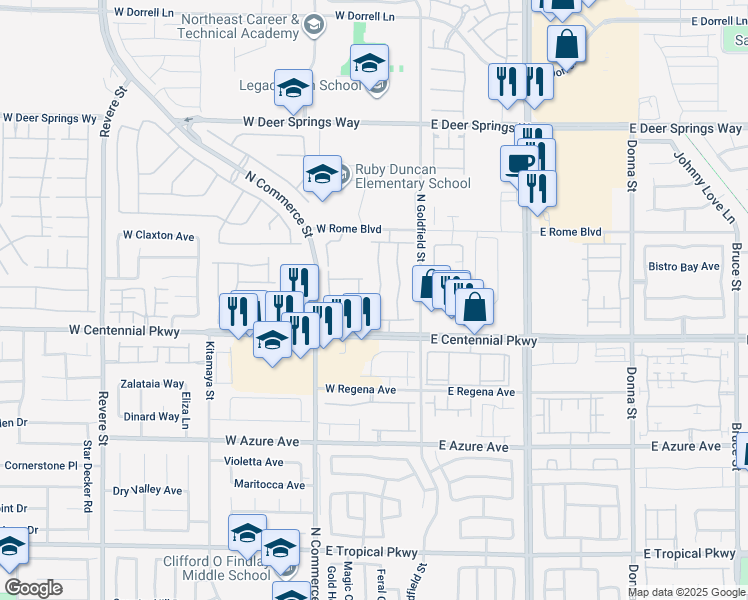 map of restaurants, bars, coffee shops, grocery stores, and more near 6449 Raven Hall Street in North Las Vegas