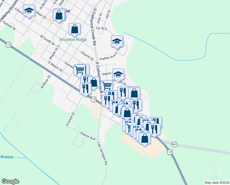 map of restaurants, bars, coffee shops, grocery stores, and more near 518 Kiwanis Avenue in Ahoskie