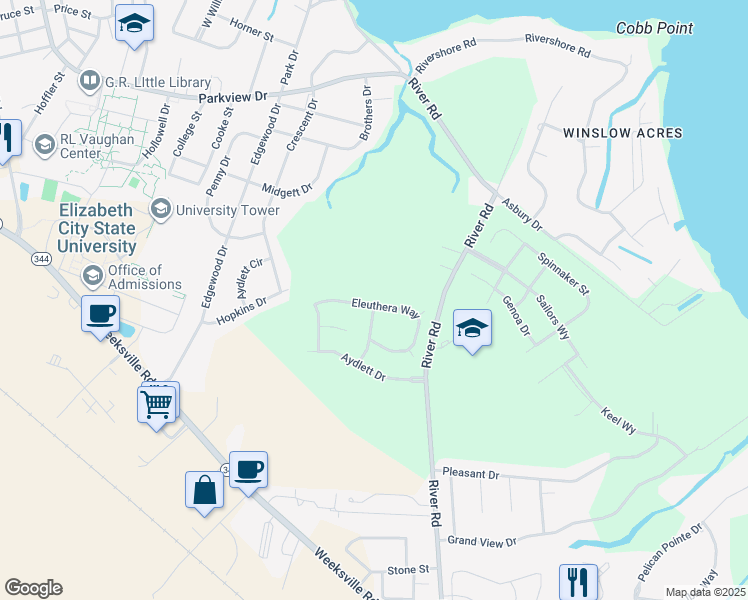 map of restaurants, bars, coffee shops, grocery stores, and more near 2174 Eleuthera Way in Elizabeth City