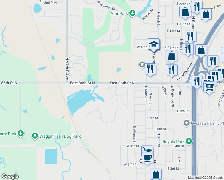 map of restaurants, bars, coffee shops, grocery stores, and more near 8506 North 100th East Avenue in Owasso