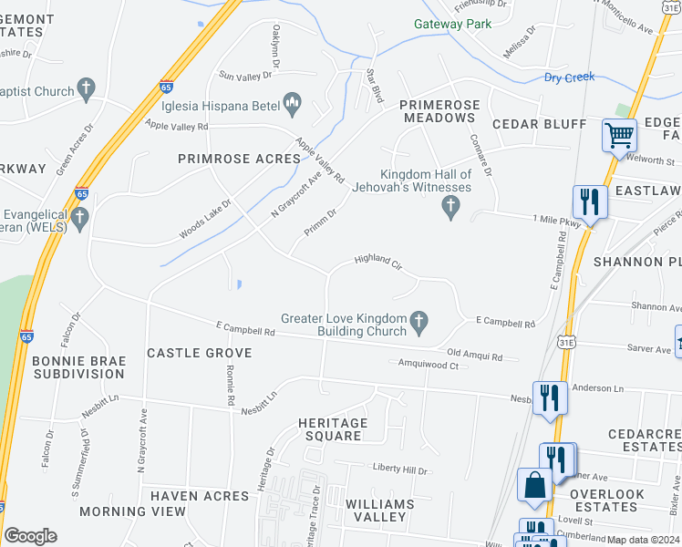 map of restaurants, bars, coffee shops, grocery stores, and more near 1000 Highland Circle in Nashville