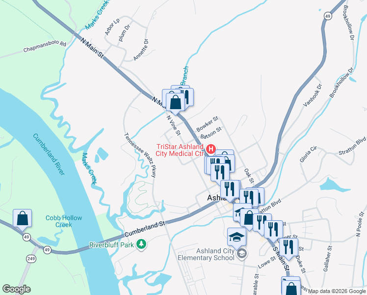 map of restaurants, bars, coffee shops, grocery stores, and more near 117 North Vine Street in Ashland City