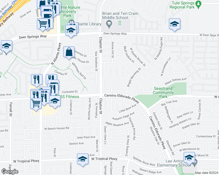 map of restaurants, bars, coffee shops, grocery stores, and more near 6417 Giant Oak Street in North Las Vegas