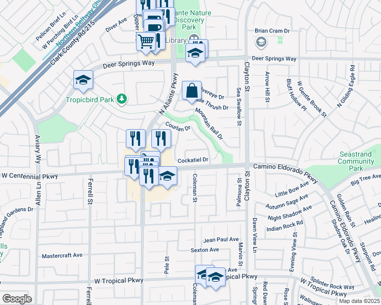 map of restaurants, bars, coffee shops, grocery stores, and more near 2421 Cockatoo Drive in North Las Vegas