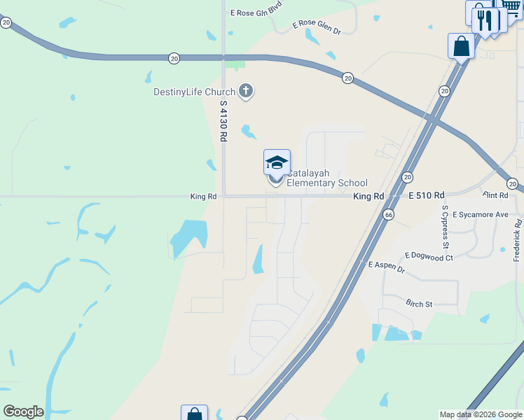 map of restaurants, bars, coffee shops, grocery stores, and more near 23019 South 4130 Road in Claremore
