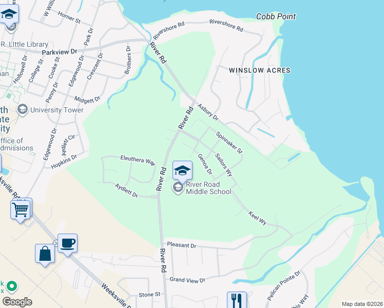 map of restaurants, bars, coffee shops, grocery stores, and more near 302 Mizzen Way in Elizabeth City