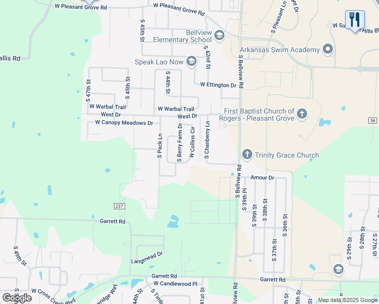 map of restaurants, bars, coffee shops, grocery stores, and more near 4426 West Collins Circle in Rogers